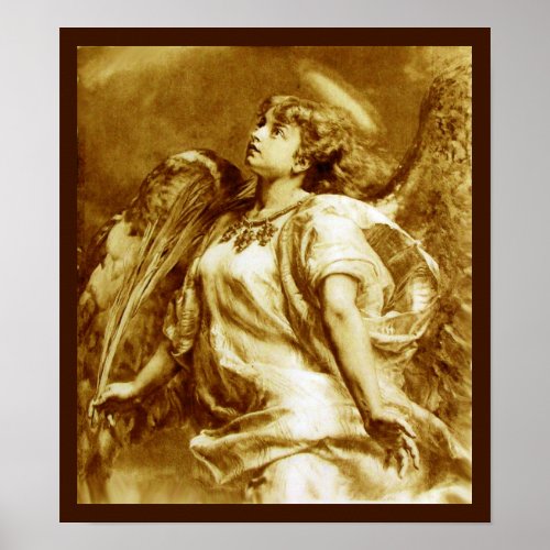 ROMANTIC ANGEL WITH FEATHER IN BROWN SEPIAWHITE POSTER