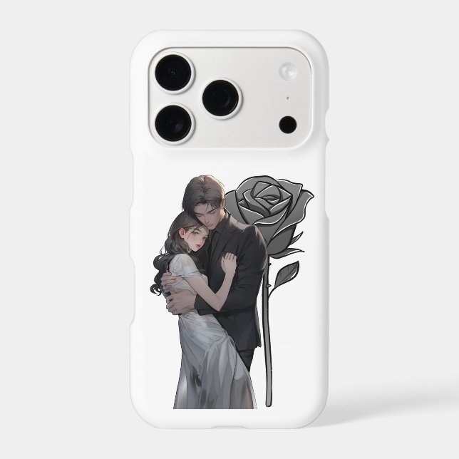 Romantic Anime Couple Hugging with Black Rose iPhone Case (Back)
