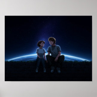 Romantic Anime Couple Sitting Under Starry Cosmos Poster