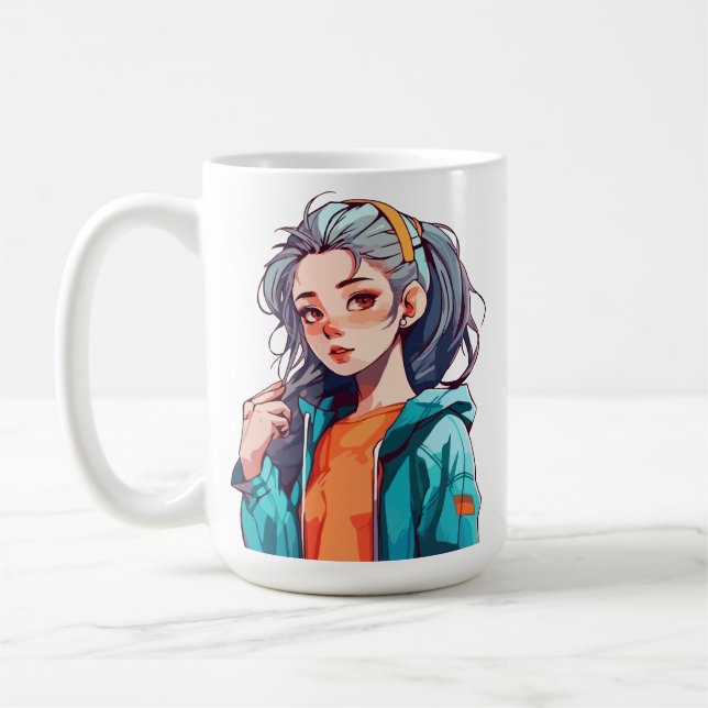 Romantic Anime Girl with Colorful Light Hair Coffee Mug (Left)