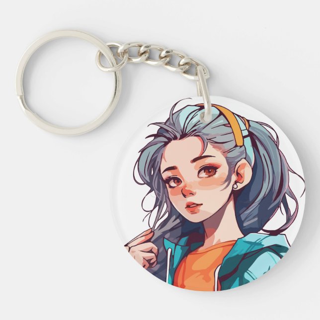 Romantic Anime Girl with Colorful Light Hair Keychain (Front)