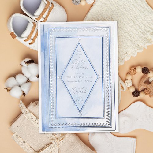 Romantic Antique Book Blue Bridal Shower Silver Fo Foil Invitation