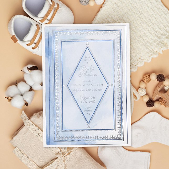 Romantic Antique Book Blue Bridal Shower Silver Fo Foil Invitation (Creator Uploaded)