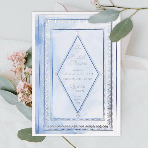 Romantic Antique Book Blue Bridal Shower Silver Foil Invitation