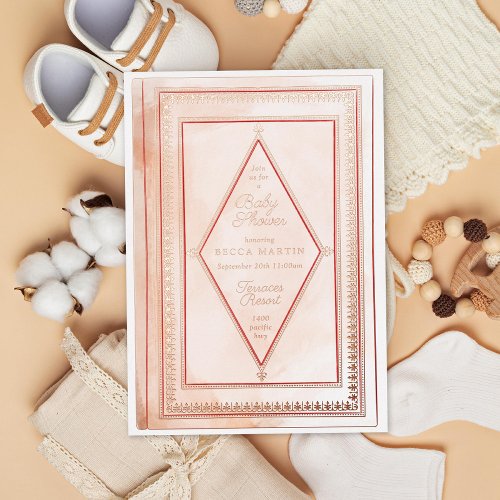 Romantic Antique Book Blush Baby Shower Rose  Foil Invitation