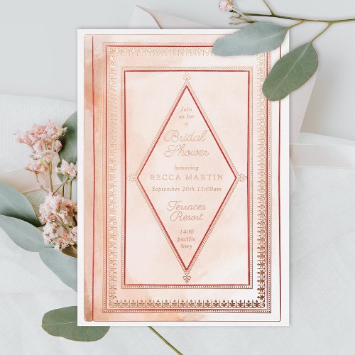 Romantic Antique Book Blush Bridal Shower Rose Foil Invitation