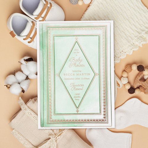 Romantic Antique Book Mint Green Baby Shower Foil Invitation