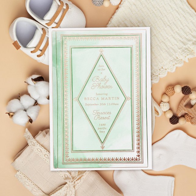 Romantic Antique Book Mint Green Baby Shower Foil Invitation (Creator Uploaded)