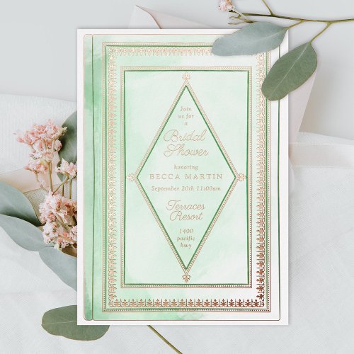 Romantic Antique Book Mint Green Bridal Shower  Foil Invitation