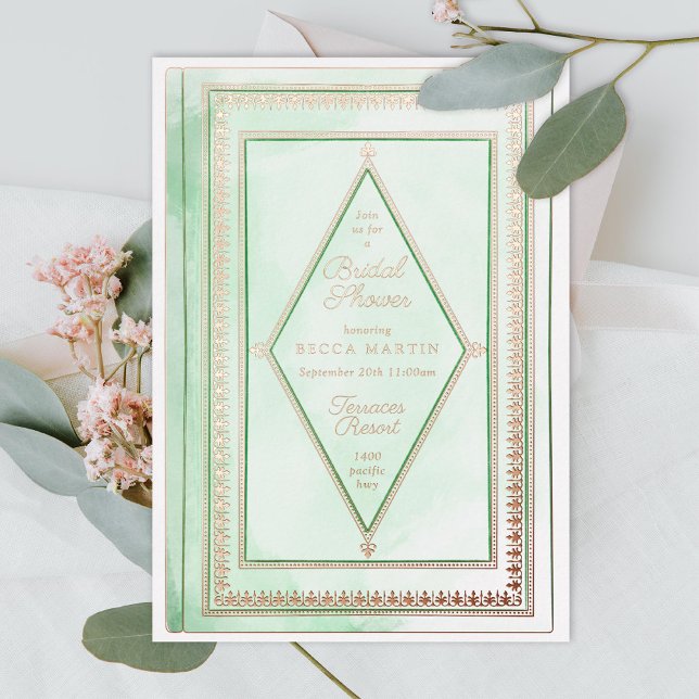 Romantic Antique Book Mint Green Bridal Shower  Foil Invitation (Creator Uploaded)
