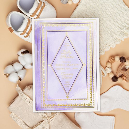 Romantic Antique Book Purple Baby Shower Gold Foil Invitation