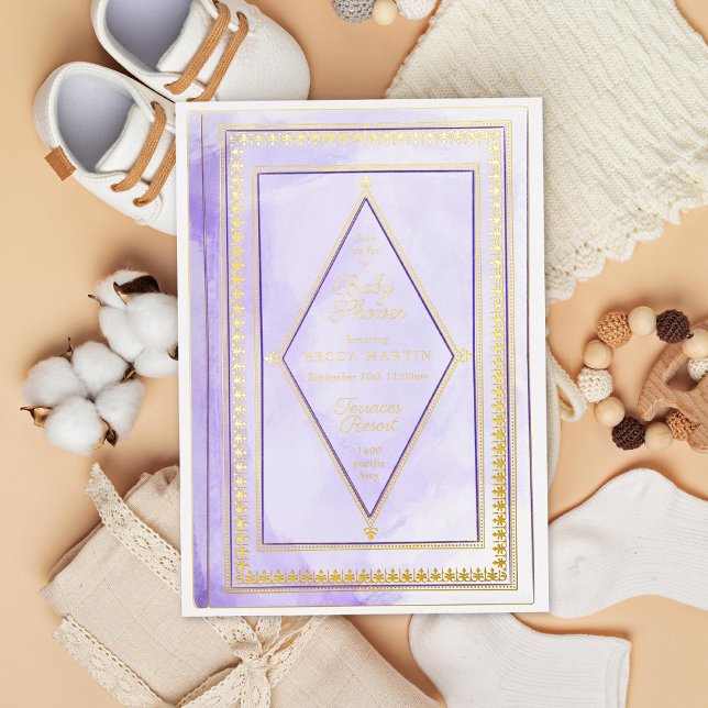 Romantic Antique Book Purple Baby Shower Gold Foil Invitation (Creator Uploaded)