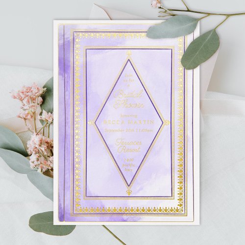 Romantic Antique Book Purple Bridal Shower Gold Foil Invitation