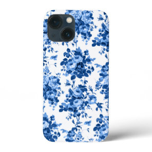 Romantic Antique Vintage Roses-Blue on White iPhone 13 Mini Case