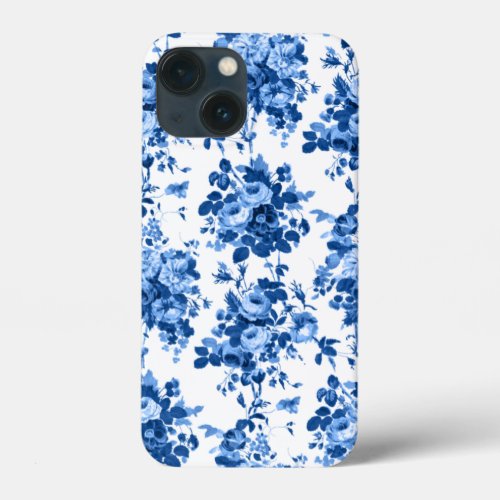 Romantic Antique Vintage Roses_Blue on White iPhone 13 Mini Case