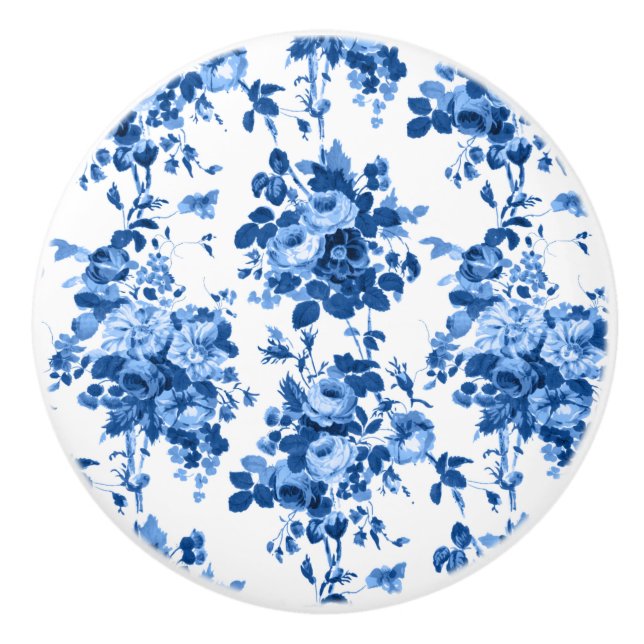Romantic Antique Vintage Roses-Blue on White Ceramic Knob (Front)