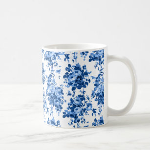 Romantic Antique Vintage Roses-Blue on White Coffee Mug