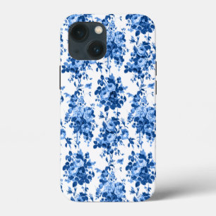 Romantic Antique Vintage Roses-Blue on White iPhone 13 Mini Case