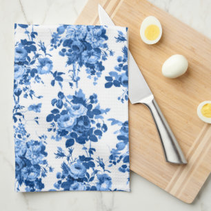 Romantic Antique Vintage Roses-Blue on White Kitchen Towel