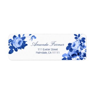 Romantic Antique Vintage Roses-Blue on White Label
