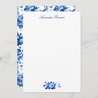 Romantic Antique Vintage Roses-Blue on White Note Card