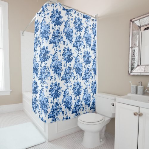 Romantic Antique Vintage Roses_Blue on White Shower Curtain
