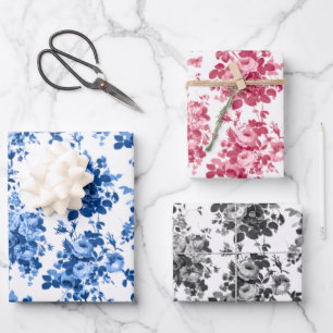 Romantic Antique Vintage Roses-Blue, Pink & Gray Wrapping Paper Sheets