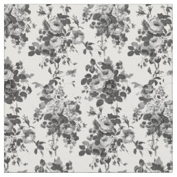 Romantic Antique Vintage Roses-Gray on White Fabric