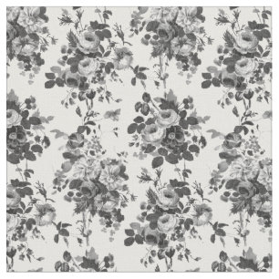 Romantic Antique Vintage Roses-Gray on White Fabric