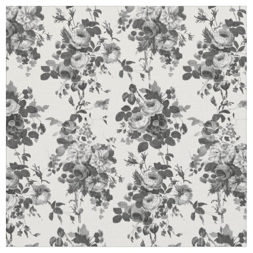 Romantic Antique Vintage Roses-Gray on White Fabric