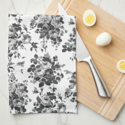 Romantic Antique Vintage Roses_Gray on White Kitchen Towel