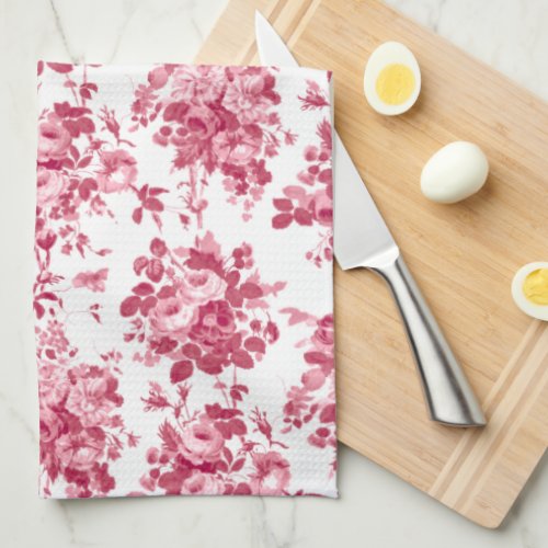 Romantic Antique Vintage Roses_Pink on White Kitchen Towel