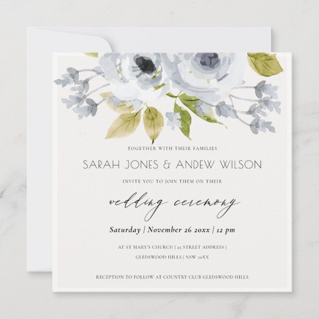 ROMANTIC AQUA BLUE WATERCOLOR FLORAL ENGAGEMENT INVITATION (Front)
