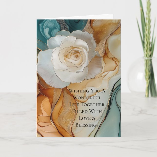 Romantic Aqua Blue White Gold Floral Wedding Card (Front)