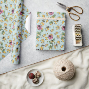 Romantic Aqua Queen Bee, Honeycomb & Flowers Wrapping Paper