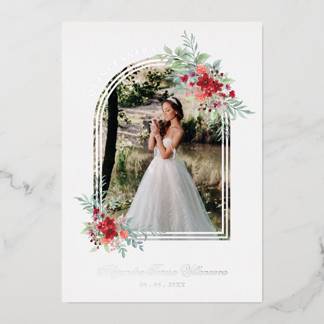 Romantic Arch Spanish Quinceañera Photo Floral Foil Invitation (Front)