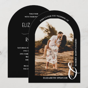 Romantic Arched Photo Black and White Wedding Invitation