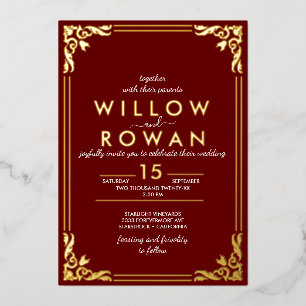 Romantic Art Deco Gold & Burgundy Foil Invitation