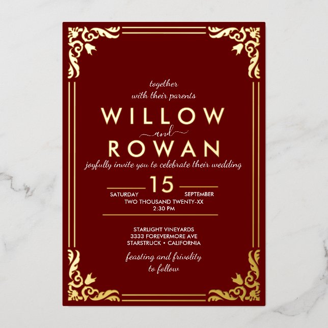 Romantic Art Deco Gold & Burgundy Foil Invitation (Front)