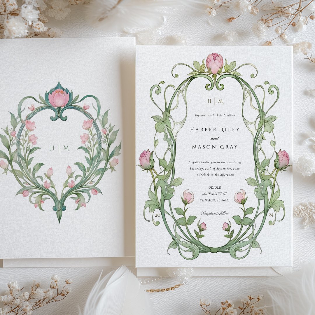 Romantic Art Nouveau Peonies Wedding Invitation