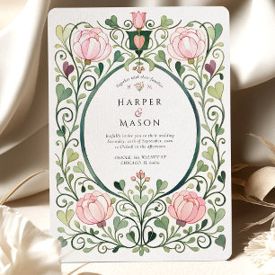 Romantic Art Nouveau Pink Peony Wedding Invitation