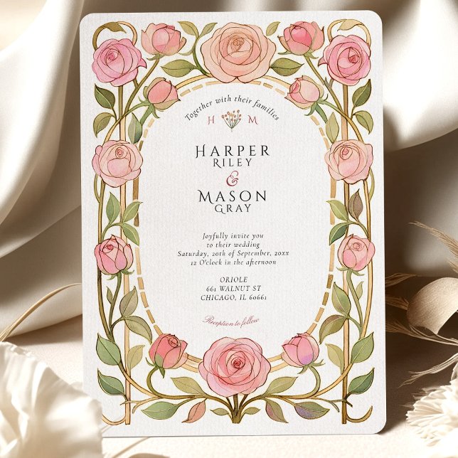 Romantic Art Nouveau Pink Roses Wedding Invitation (Creator Uploaded)
