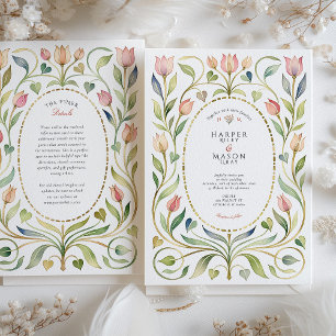 Romantic Art Nouveau Tulip & Hearts Gold Wedding Invitation