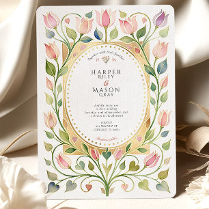 Romantic Art Nouveau Tulip & Hearts Gold Wedding Invitation