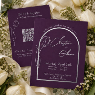 Romantic Aubergine Tulip Wedding Silver Foil Invitation