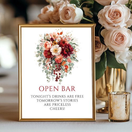 Romantic Autumn Burgundy Flowers Open Bar Sign