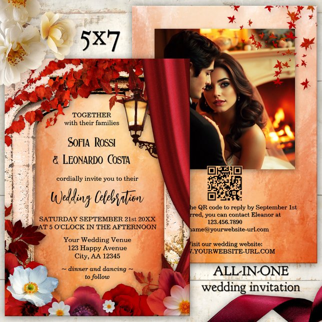 Romantic Autumn Classic Italian All-in-One Wedding Invitation (All-in-one wedding invitation featuring an Italian Roman arch, lantern and colorful fall leaves)