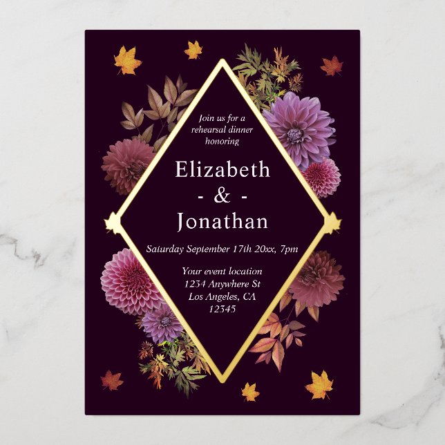 Romantic Autumn Dahlia Rehearsal Dinner Foil Invitation (Front)