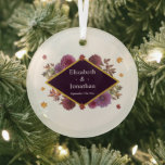 Romantic Autumn Dahlia Wedding Glass Ornament<br><div class="desc">Romantic autumn dahlia wedding: Fall leaves accompany a floral frame in various shades of purple</div>