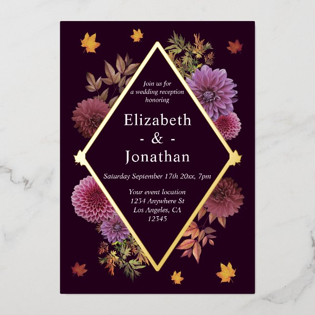 Romantic Autumn Dahlia Wedding Reception Foil Invitation (Front)